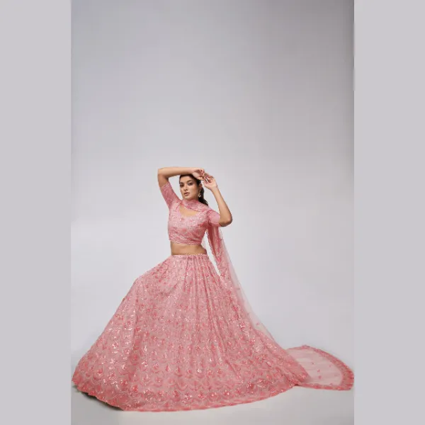 Rose Pink Diamond Pattern Embroidered Girlish Lehenga Choli | Oct 2024