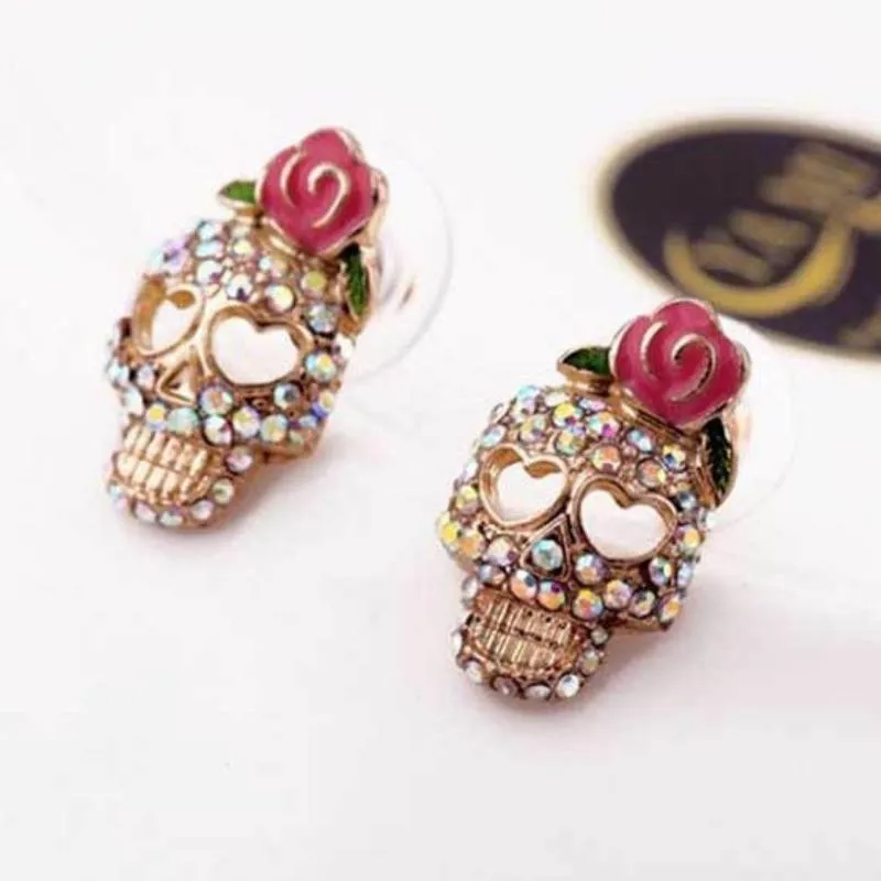 Skulls and Roses Skull Multi Crystal Post Earrings