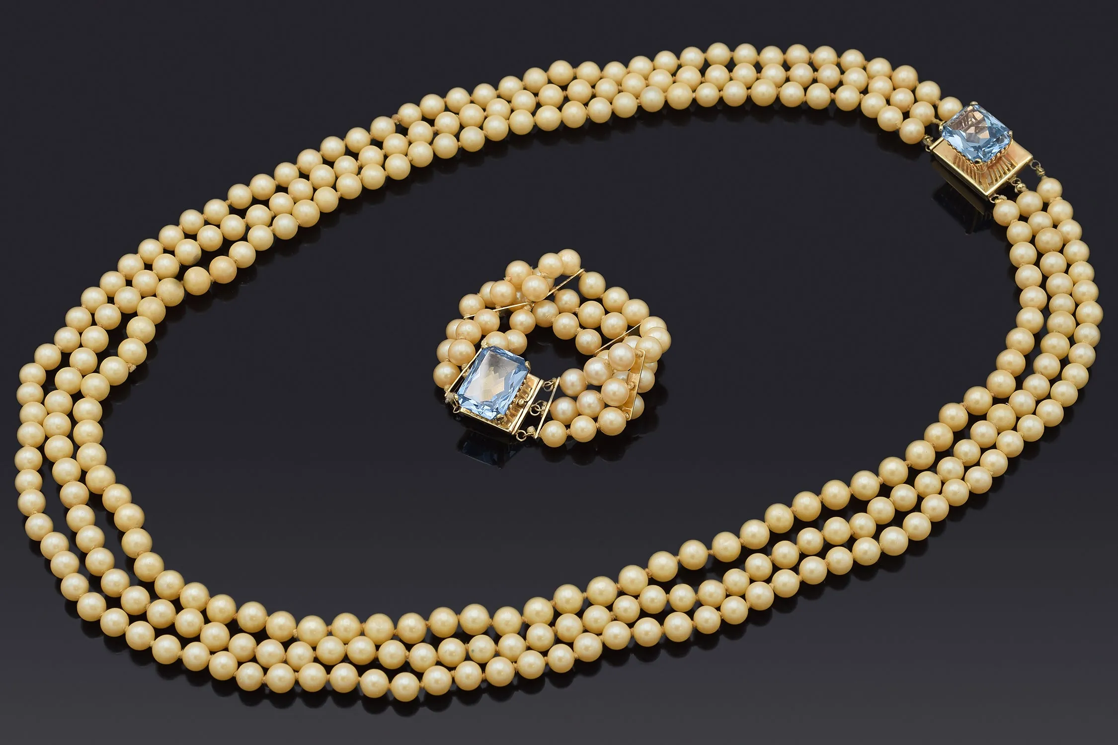 Vintage 14K Gold Imitation Pearl & Blue Topaz Multi-Strand Necklace & Bracelet