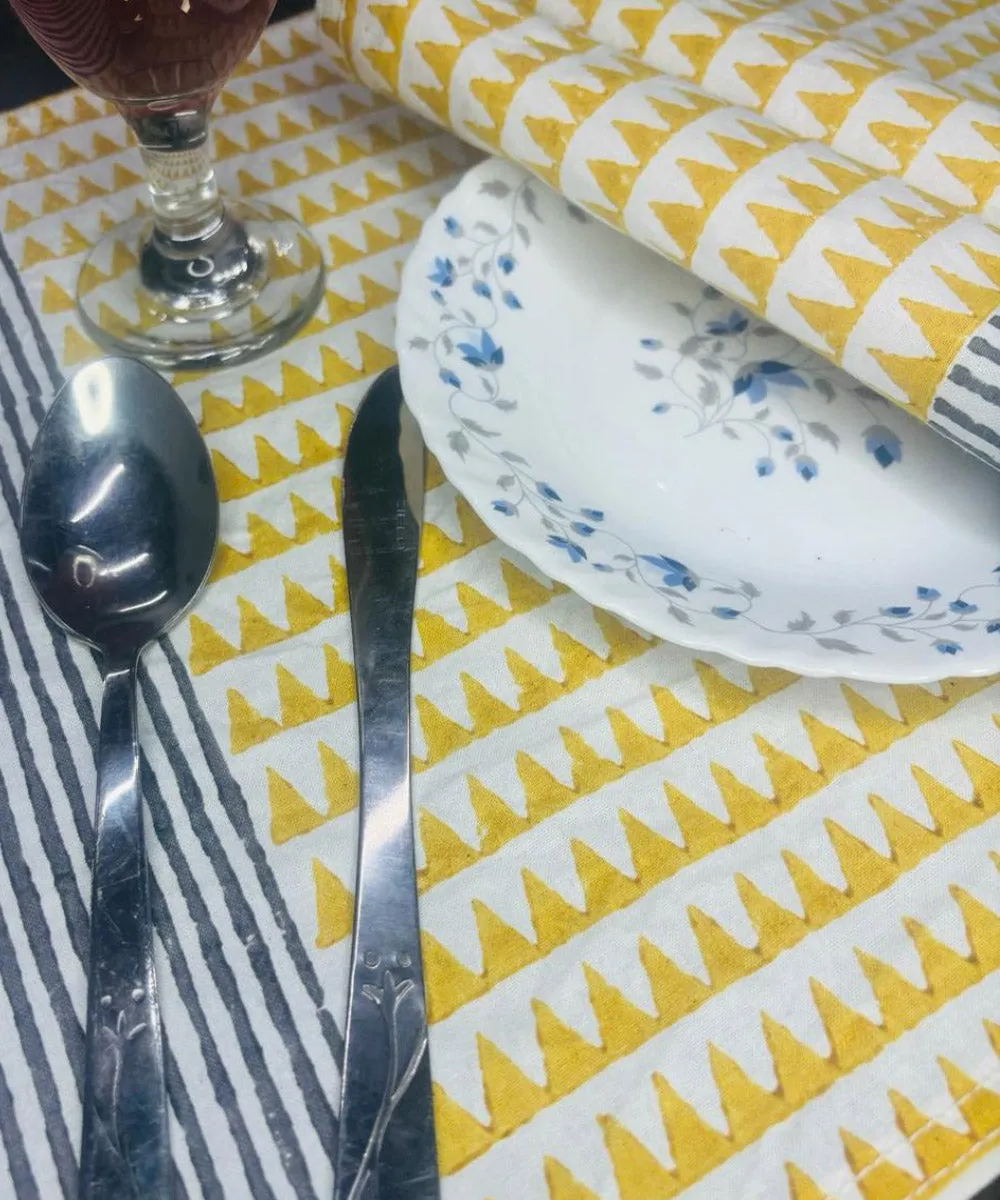 Yellow white hand block printed cotton set of table mat and runner